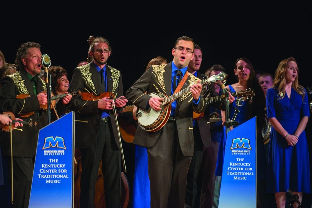 Kentucky Center for Traditional Music students and faculty share the stage at a “Sounds Of Our Heritage” semester finale concert.  
Photo by John Flavell