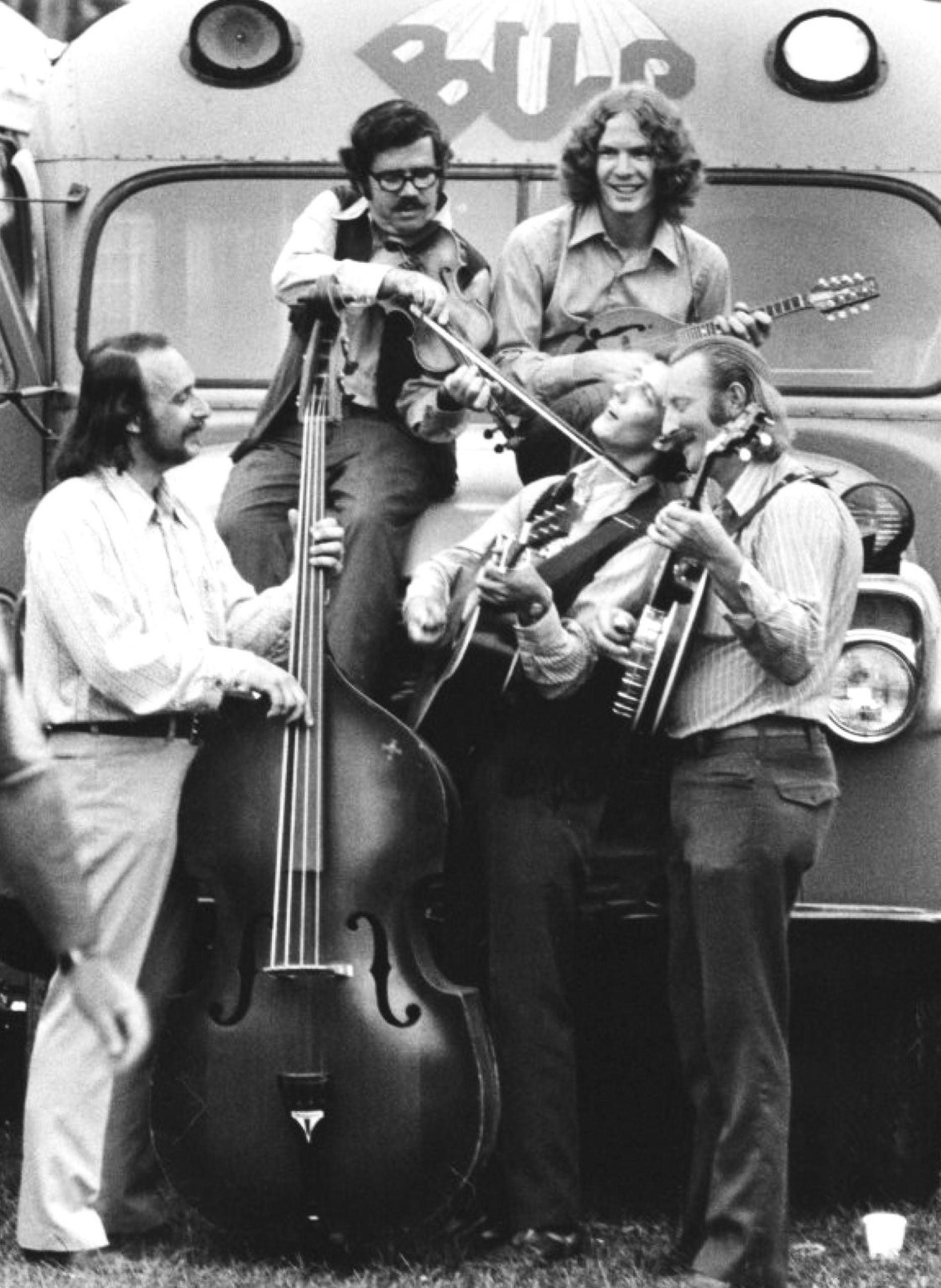 The Bluegrass Alliance: Ebo Walker, Lonnie Pierce, Sam Bush, Tony Rice,  and Courtney Johnson. // Photo by Ron Petronko,  Courtesy of the Bluegrass Music Hall of Fame & Museum.