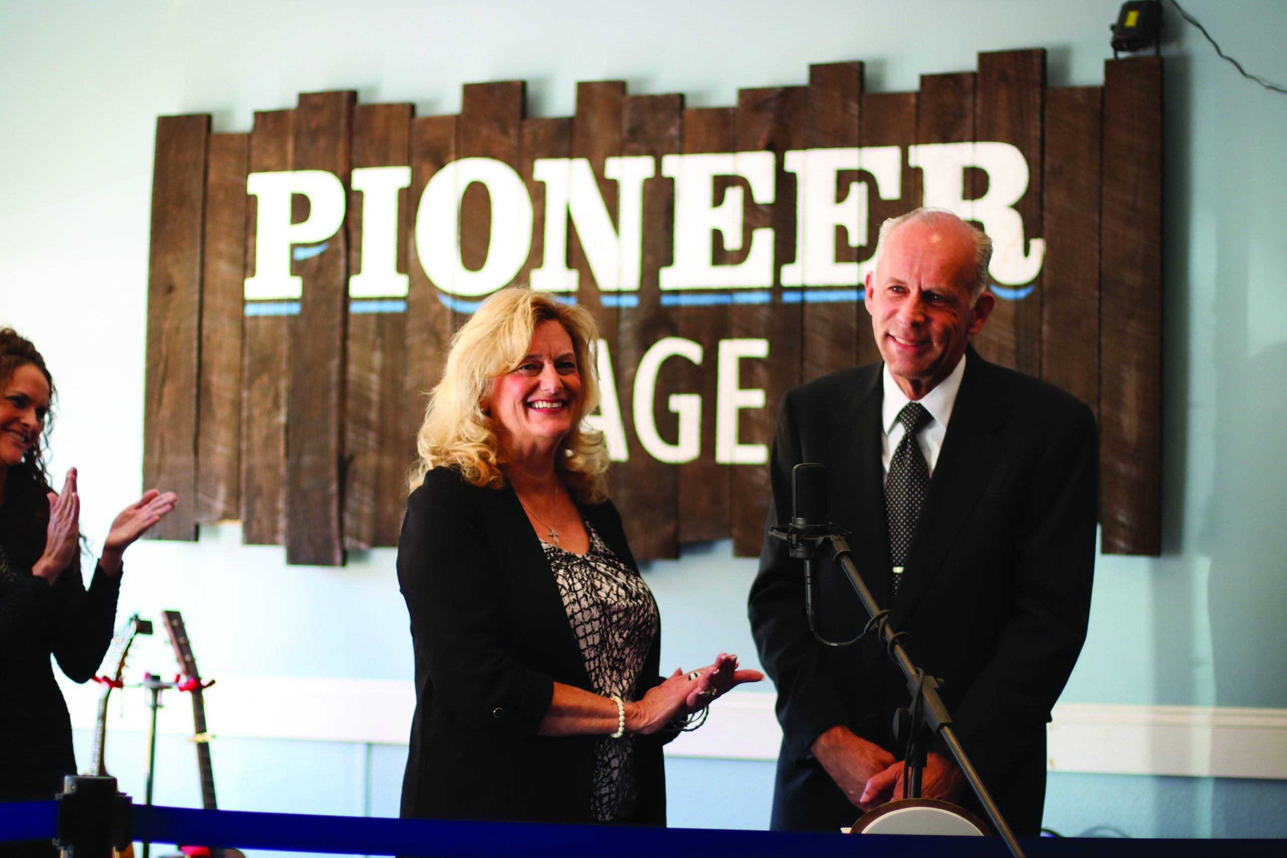 Mr. and Mrs. Eddie Stubbs speaking on the Pioneer Stage speaking to Glenville students and administration members and the community of Glenville on the day they dropped off Eddie’s archives.  Photo Courtesy Glenville State College Public Relations