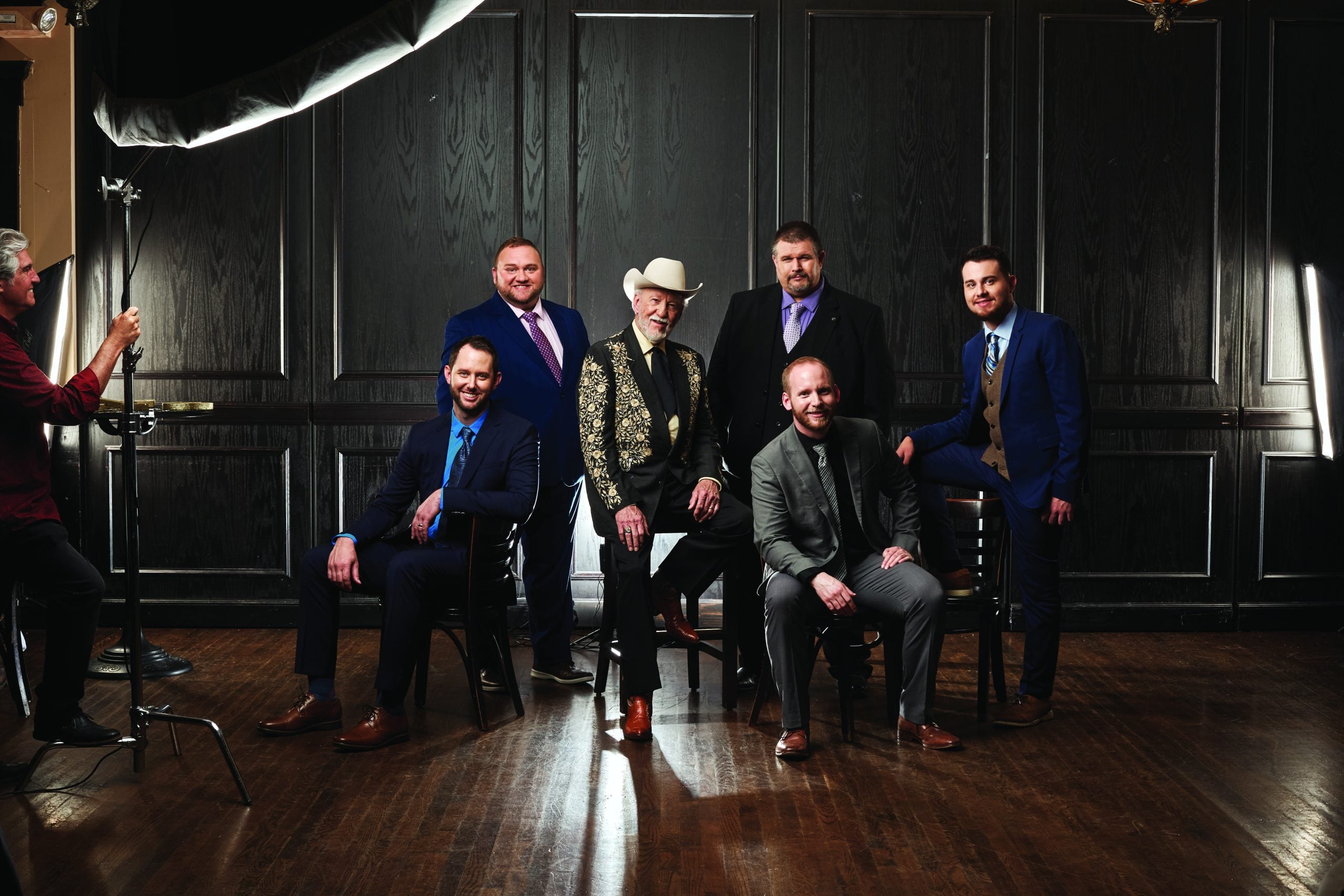 Doyle Lawson & Quicksilver—the Roundtable band (left to right) Matt Flake, Eli Johnson, Doyle Lawson, Jerry Cole, Stephen Burrell (seated), Ben James. Photo by Kim Brantley, Courtesy of Billy Blue Records
