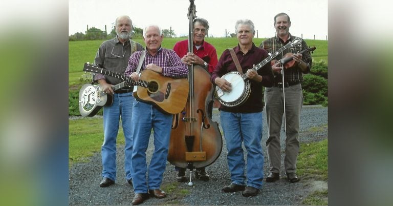 (left to right) Richard Kleese, Jimmy Drummond, Norman Racey, Richard "Buggs" Frank, Jamie Thomas pose for a photo with their instruments