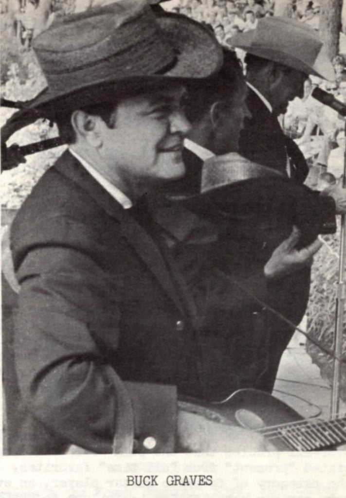 Newspaper clipping of Buck Graves playing his instrument.