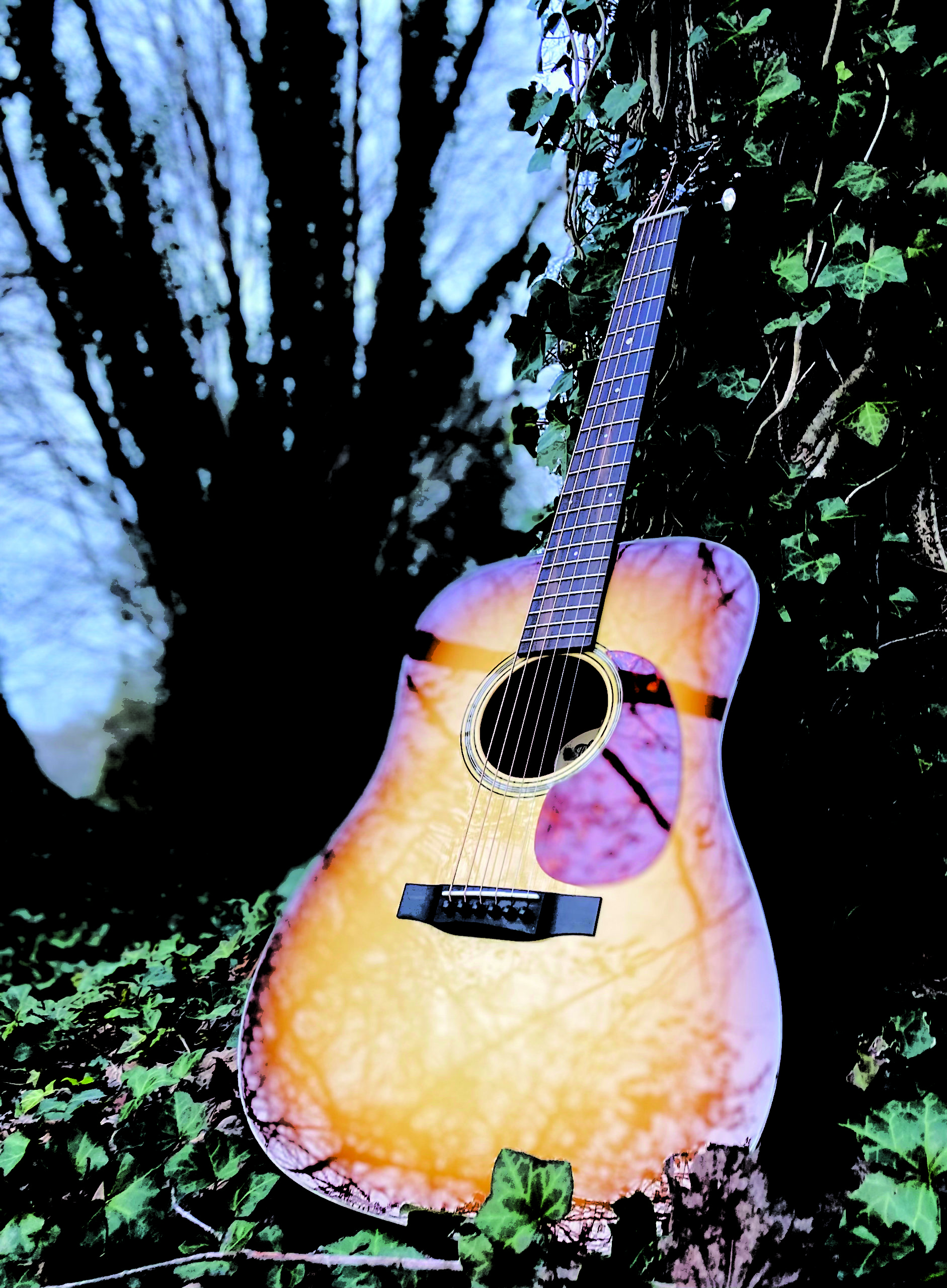 Photo of a guitar standing with trees in the background