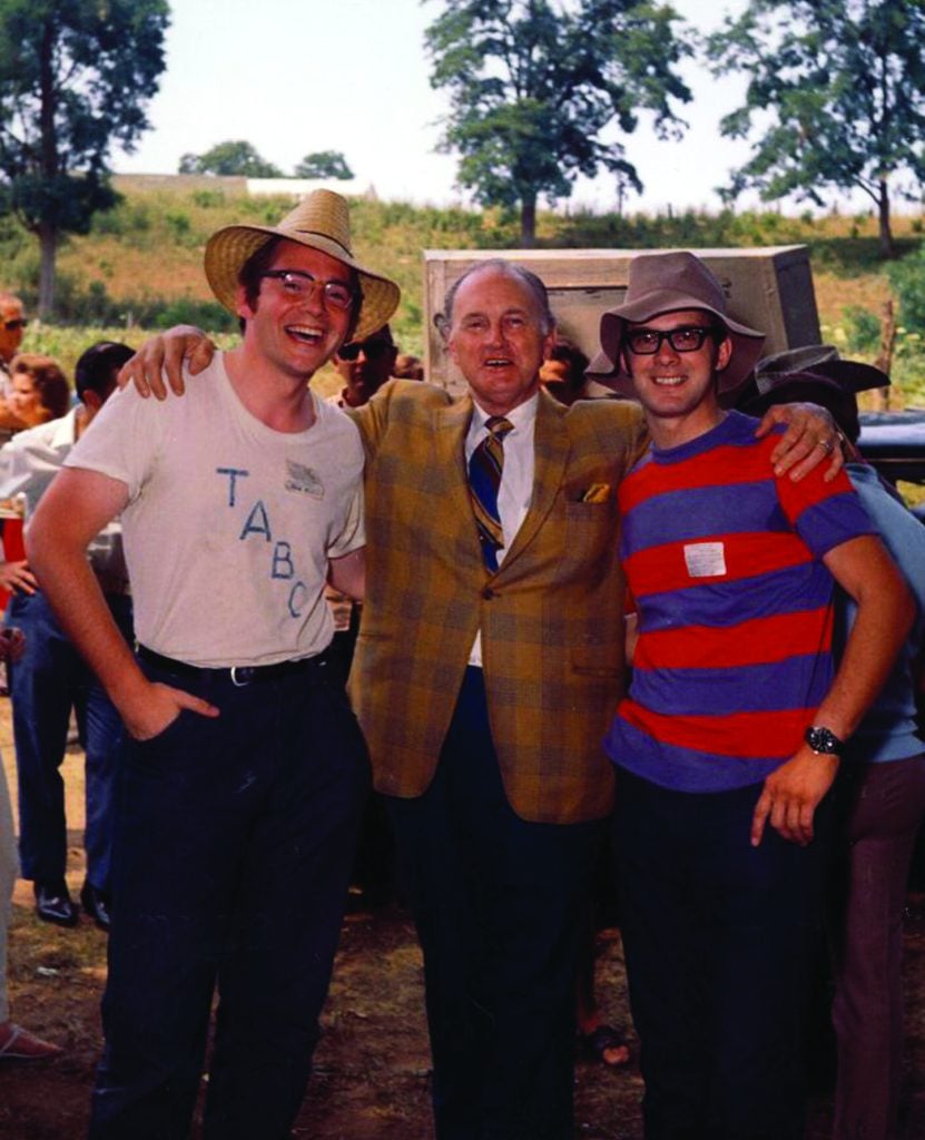 Photographer Ron Petronko, at right, with fellow Canadian Doug Benson (sporting a Toronto Area Bluegrass Committee t-shirt) and Bill Monroe, ca. 1969.