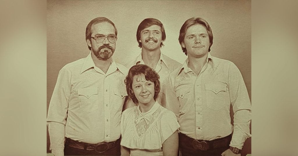 The Outdoor Plumbing Company, ca. 1982. From left to right: Jim McCown, Ada McCown (seated), Danny McCown, and Andy McCown.