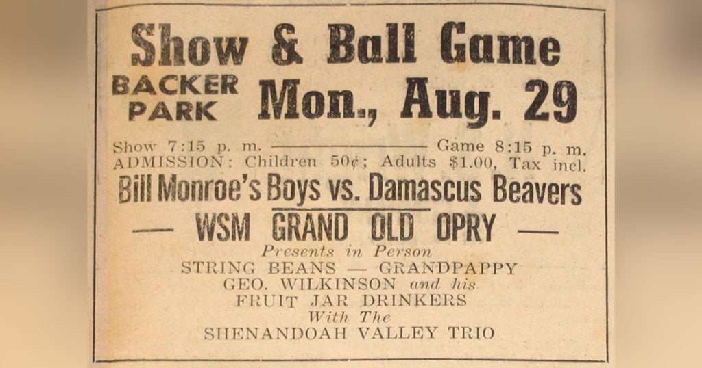 Advertisement for a 1949 baseball game and musical performance by Bill Monroe in Damascus, Virginia.