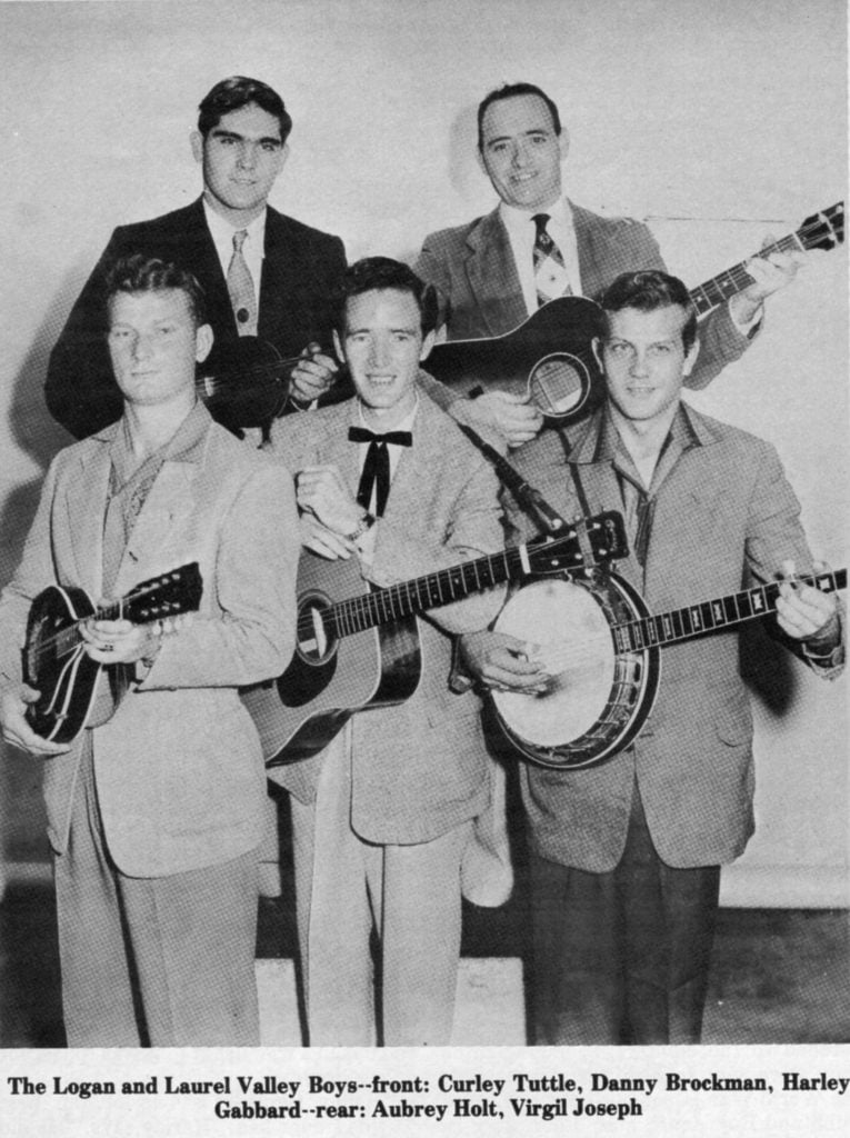The Logan and Laurel Valley Boys -- front: Curley Tuttle, Danny Brockman, Harley Gabbard-- rear: Aubrey Holt, Virgil Joseph