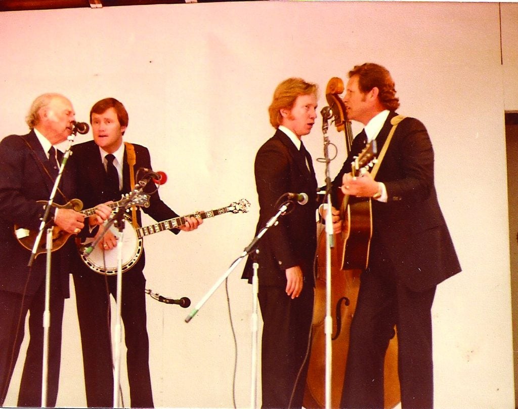 Besides playing bass, Hembree often found himself called on to sing the low parts in the Blue Grass Boy’s gospel quarters. Pictured here from left to right are: Monroe, banjo player Blake Williams, Hembree, and guitarist and lead singer Wayne Lewis.