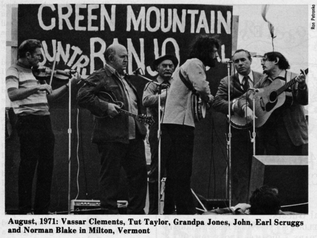 Vassar Clements, Tut Taylor, Grandpa Jones, John, Earl Scruggs, and Norman Blake in Milton, Vermont in 1971.