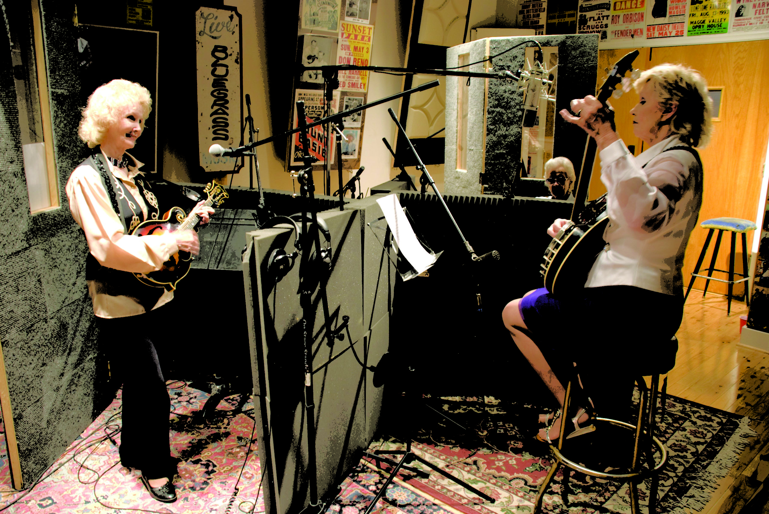 Donna & Roni Stoneman play instruments in the recording studio
