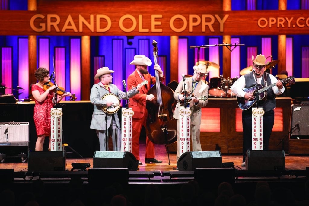 Po’ Ramblin’ Boys making their Grand Ole Opry debut in October 2018.  L to R: Laura Orshaw, Jereme Brown, Jasper Lorentzen, C.J. Lewandowski, Josh Rinkel Photo credit: © Grand Ole Opry // photo by Chris Hollo