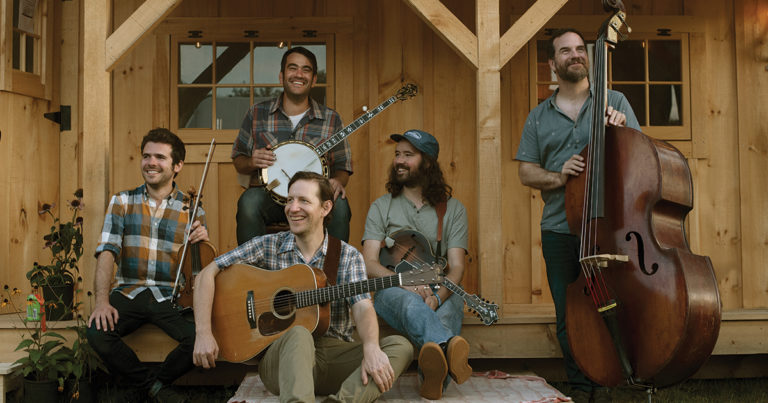 Mighty Poplar (left to right): Alex Hargreaves (fiddle), Noam Pikelny (banjo), Chris Eldridge (guitar), Andrew Marlin (mandolin), Greg Garrison (bass). Photo by Brian Carroll