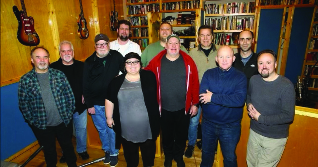 In The Library Recording Studio tracking the Here Within My Heart album (left to right):  Tim Crouch, Glen Duncan, Pat McGrath, Adam Engelhardt, Tina Adair, Taylor Pollert, Scott Vestal, Rob Ickes, Dennis Crouch, Cody Kilby, Jesse Brock.  Photo by Terry Wyatt