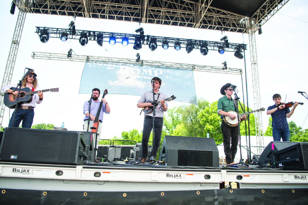 Liam Purcell and Cane Mill Road performing at ROMP.  (Left to Right) Rob McCormac, Jacob Smith, Liam Purcell, Colton Kerchner, Sam Stage.  Photo Courtesy of the Bluegrass Hall of Fame and Museum