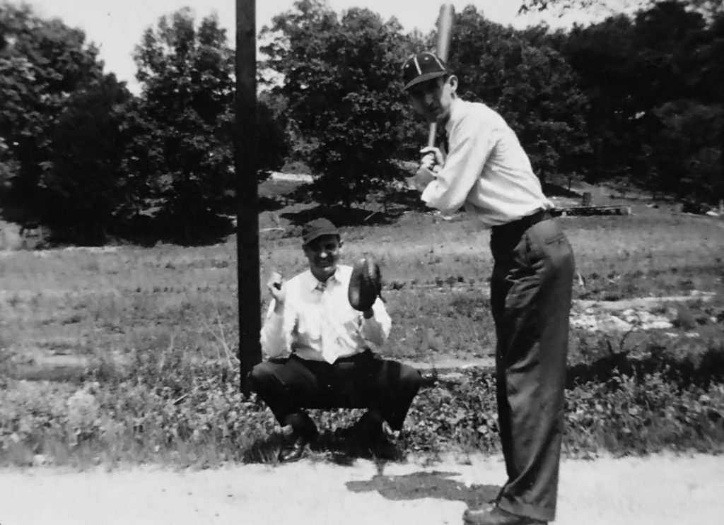 Stringbean was one of the stars of Bill Monroe’s baseball team.  Here Stringbean is at the plate and Clyde Moody is catching.  