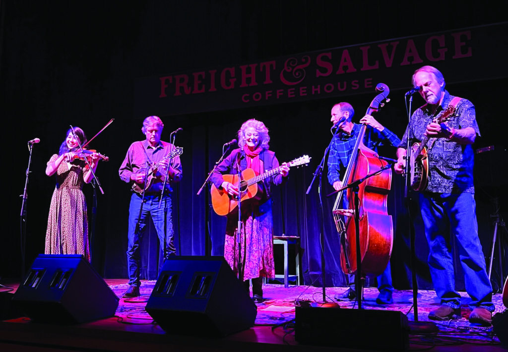 The Kathy Kallick Band performing at the Freight & Salvage.  Left to right:  Annie Staninec, Tom Bekeny, Kathy Kallick, Cary Black, and Greg Booth.  Photo by Karen Walter