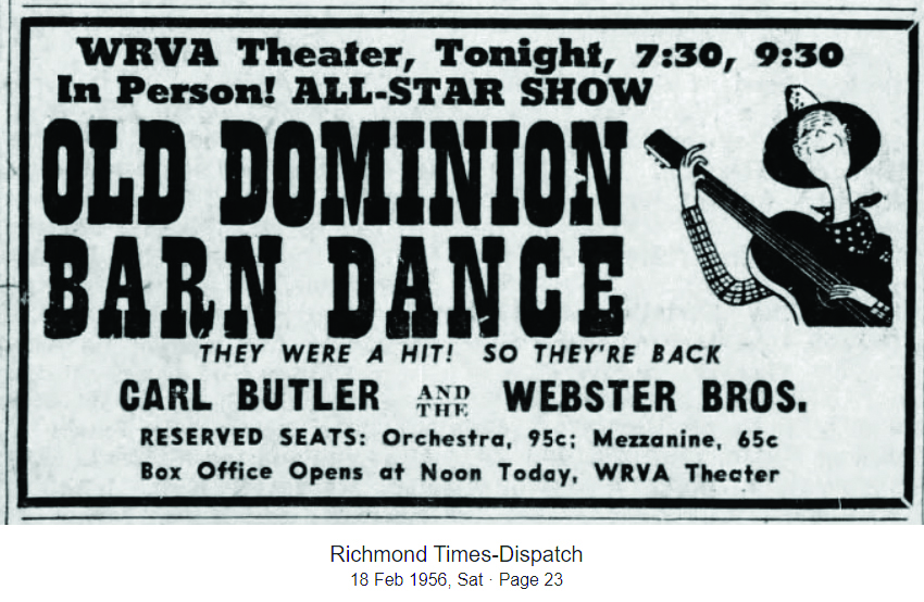 Advertisement for the February 18, 1956, performance of the Old Dominion Barn Dance. This is the likely date for the photo featured above.