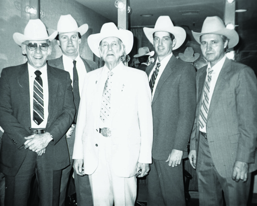 Bill Monroe and his Blue Grass Boys (left to right):  Tater Tate, Blake Williams, Bill Monroe, Scotty Baugus, and Wayne Jerrolds.  //  Photo Courtesy of Wayne Jerrolds