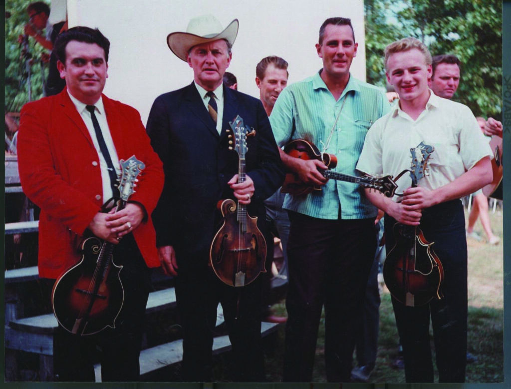 Meeting of Mandolin Masters—Bobby Osborne, Bill Monroe, John Duffey and Ronnie Reno.  Photo Courtesy of the Bluegrass Music Hall of Fame and Museum.
