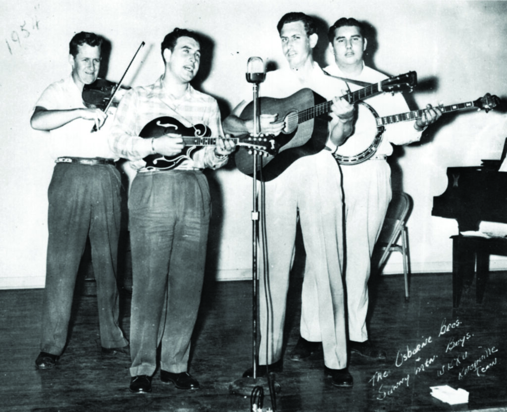 Bobby and Sonny Osborne in Knoxville, Tennessee in 1954 with Joe Stuart on fiddle and Enos Johnson on guitar. 