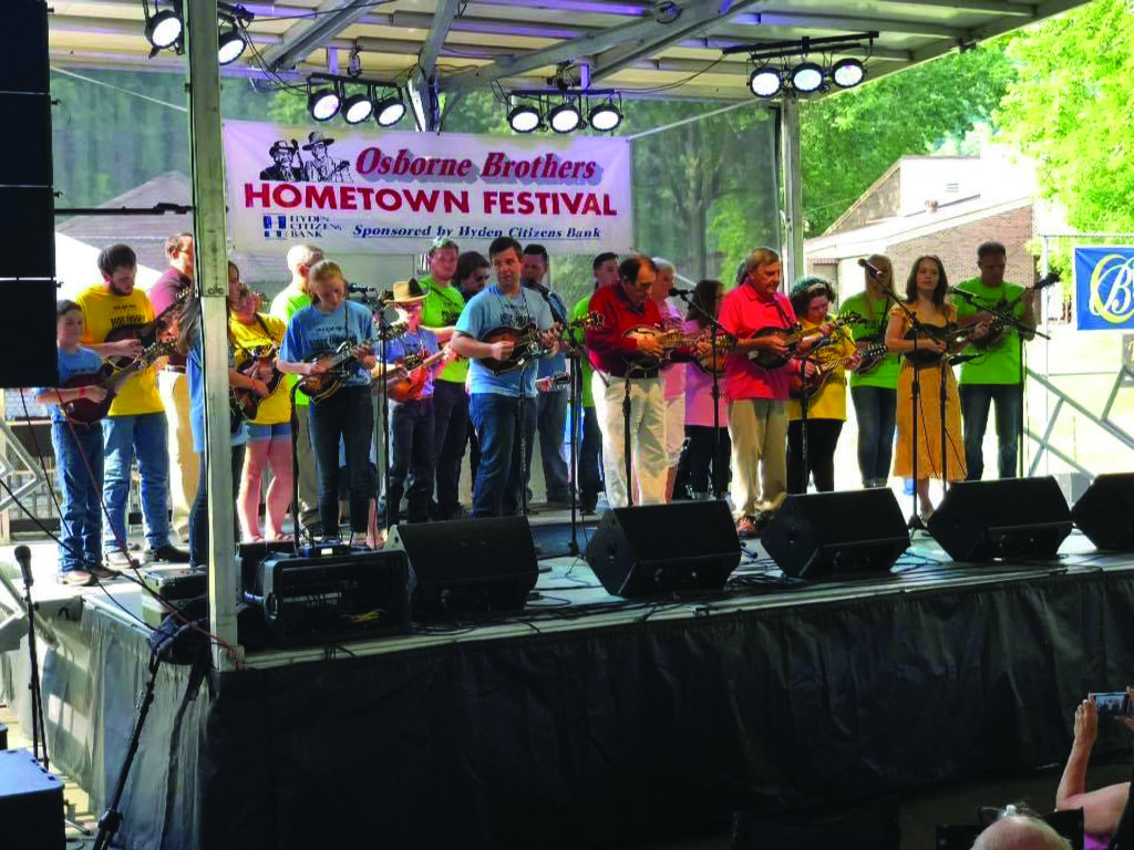 Mandolin students from the Bobby Osborne Mandolin Roundup #3 (2019) performing at the Osborne Brothers Hometown Festival with instructors Scott Napier, Bobby Osborne, Herschel Sizemore, and Lauren Price Napier.