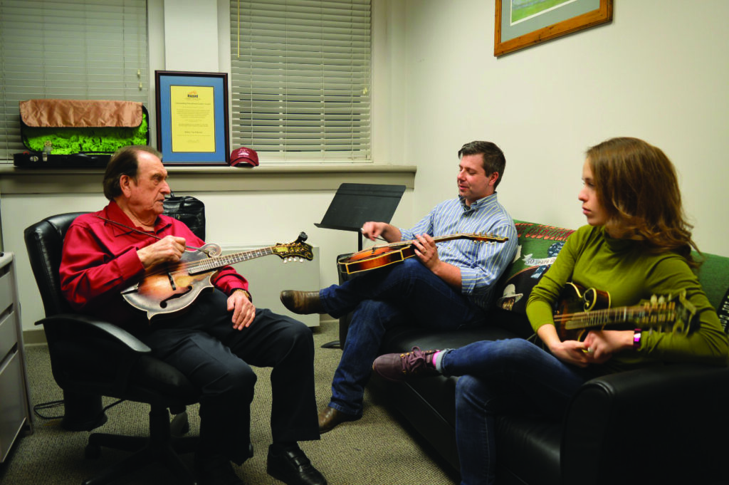 Bobby Osborne, Scott Napier and Lauren Price Napier in the classroom talking out the arrangement of a tune for “Tremolo Tuesday.”