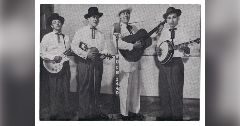The Dave Young Show in the studios of radio station WGCB in Red Lion, Pennsylvania, 1955. Left to right: William Boeckel, J. D. Himes, Dave Young, and Bobby Diamond.