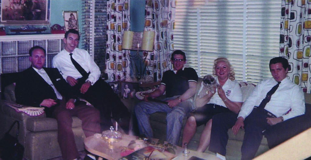 Bill Monroe, Bobby Hicks, Robert Lee “Buddy” Pennington, Bessie Lee Mauldin, Jack Cooke, 1959 at the home of Mr. and Mrs. Roosevelt Watson in Albany, California in 1959. 
Photo by Mrs. Watson, donated by Sandy Rothman, courtesy of the Bluegrass Music Hall of Fame & Museum.