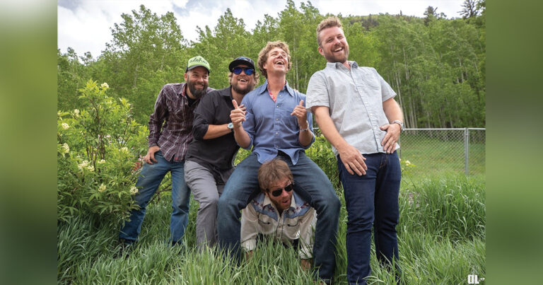 Broke Mountain (left to right) Robin Davis, Anders Beck, Travis Book, Andy Thorn (kneeling), Jon Stickley. Photo by Dylan Langille.
