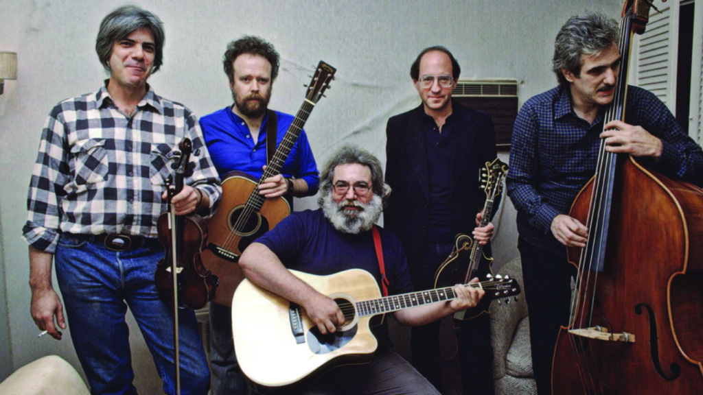 The Jerry Garcia Acoustic Band.  (left to right) Kenny Kosek, David Nelson, Jerry Garcia, Sandy Rothman, John Kahn. // Photo by Ken Friedman.