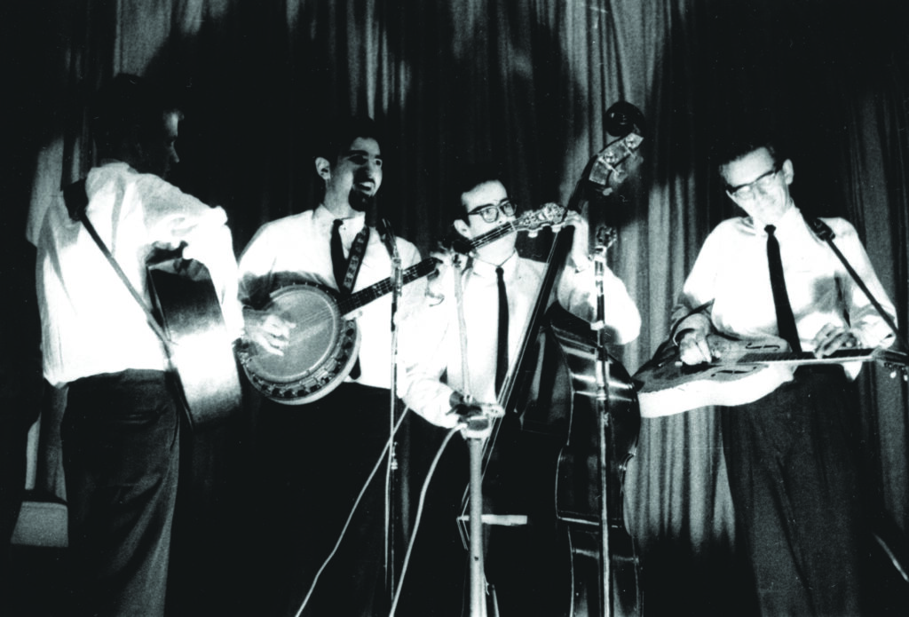  The Hart Valley Drifters perform on the CSM Folk Festival stage November 10, 1962 (left to right), David Nelson, Jerry Garcia, Robert Hunter, and Norm Van Maastricht.  Photo by Rodney Albin, Courtesy of Sara Katz.