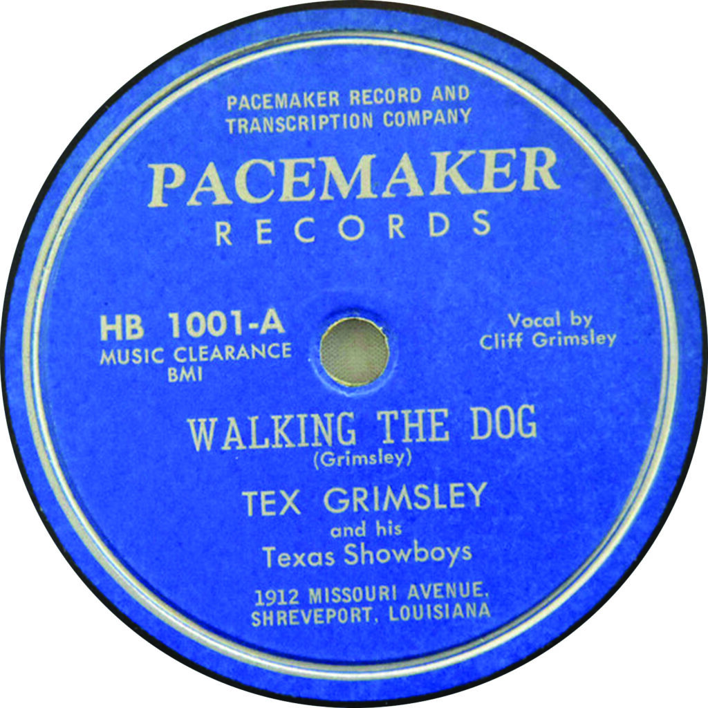 The label from the 1949 recording of “Walking the Dog” by Tex and Cliff Grimsley.