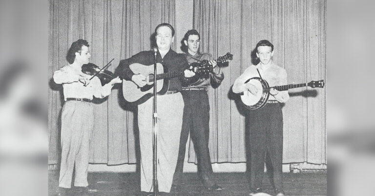 Chubby Collier with Mac Wiseman, ca. fall 1952. Left to right: Chubby Collier, Mac Wiseman, Jim Williams and Wayne Brown. Photo originally printed in the February 1970 issue of Bluegrass Unlimited. // Photo courtesy of Pete Kuykendall.