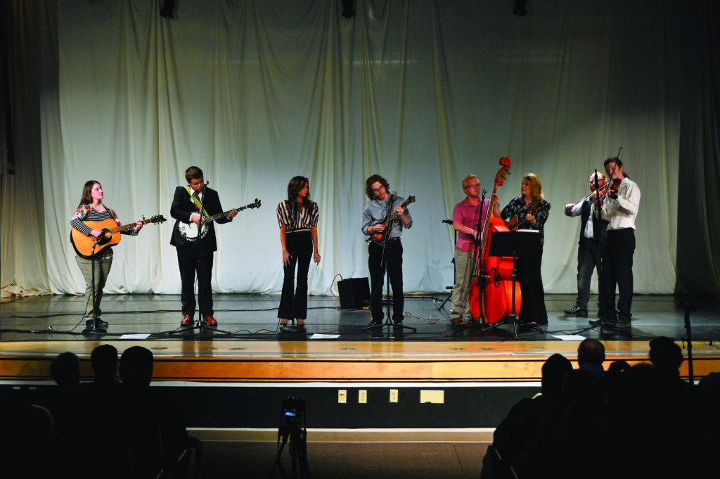 The Eastern Kentucky University Bluegrass Ensemble (left to right):  Alex Sutton, Kelly Durham, Alexa Snyder, Isaac Brooks, Zach Yates, Pam Perry, Devin Smith and Beau Hughes.  Photo by Terry Vaught