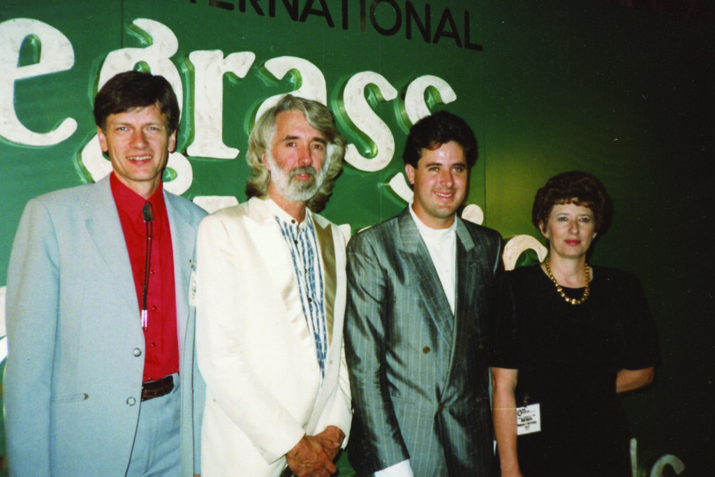 First IBMA Awards Show, 1990 (left to right) Orin Friesen, John McEuen, Vince Gill, Dell Davis.
Photo by Penny Clapp