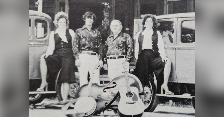 Red White and the Dixie Bluegrass Boys and Girls, ca. 1980. Left to right, Barbara White, Danny King, Red White, and Gwen White.