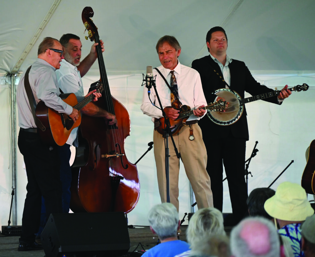 Dry Branch Fire Squad at High Mountain Hay Fever 2024 (left to right): Brian Aldridge, Jeff Byrd, Ron Thomason and Evan Lanier. // Photo by Kevin Slick