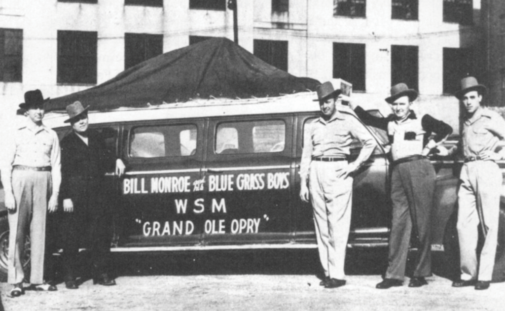 Bill Monroe and his Blue Grass Boys – (left to right) Birch Monroe, Chubby Wise, Bill Monroe, Lester Flatt and Earl Scruggs. Bluegrass Unlimited Magazine Archives