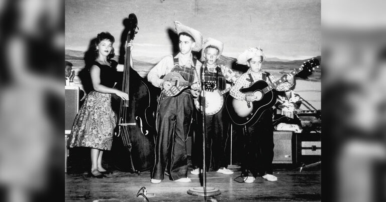 JoAnne, Roland, Eric Jr. and Clarence White play on the Riverside Rancho TV program (mid-1950s). Bluegrass Unlimited Magazine Archives