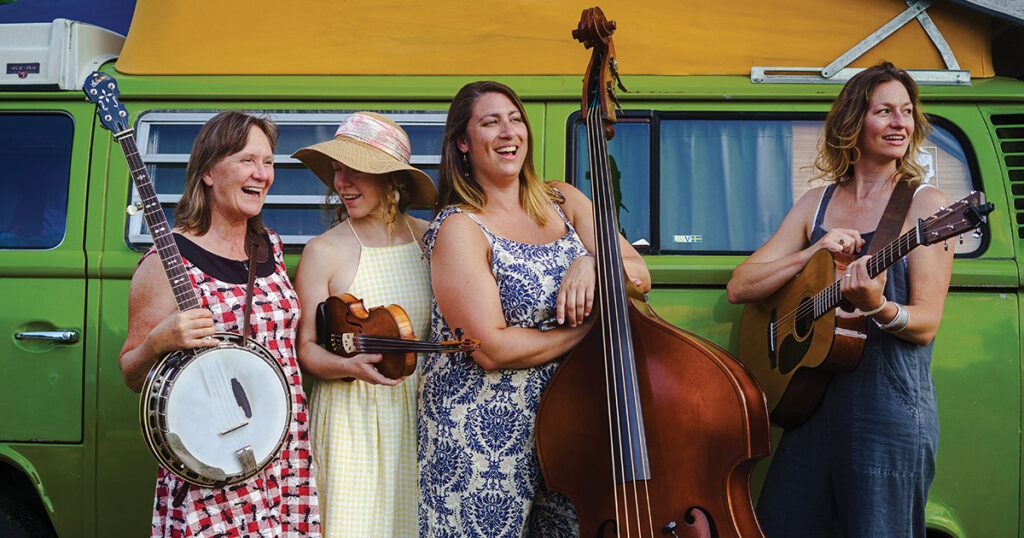 Left to right: Gretchen Bowder, Betsy Heron, Lindsay Lassonde, Whitney Roy. Taken at the Ossipee Valley Music Festival, South Hiram, ME 2024. Photo by Alex Steed