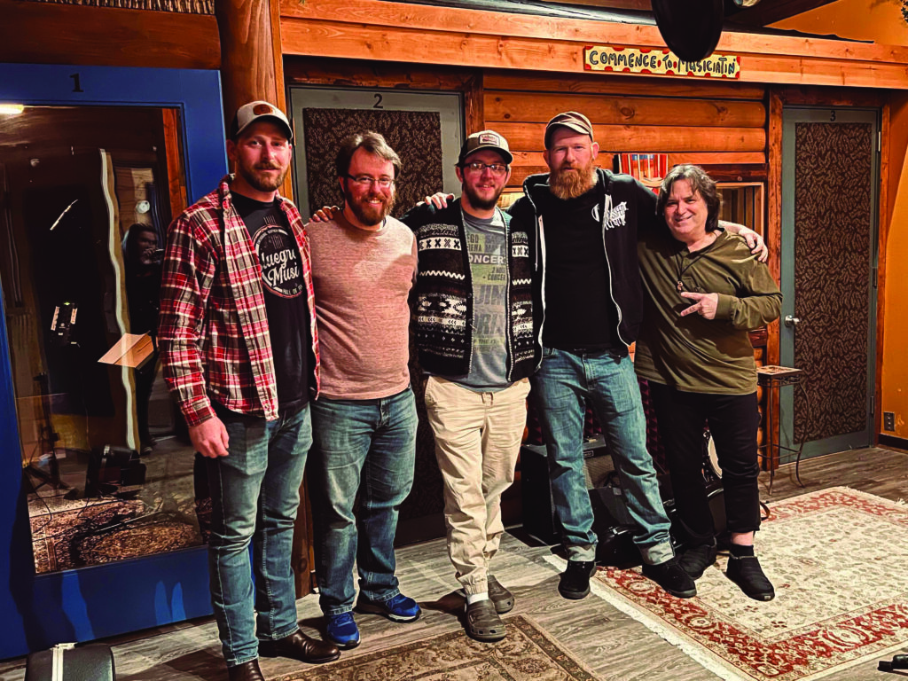 Kentucky Shine (left to right). JB Miller, Steven Stewart, Jordan Riehm, Ross Clark with Tim Carter at his studio.  //  Photo by Cindy Carter