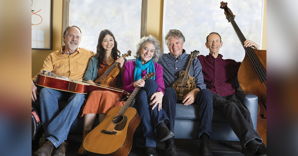 Annie Staninec with the Kathy Kallick Band (left to right) Greg Booth, Annie Staninec, Kathy Kallick, Tom Bekeny and Cary Black Photo by Anne Hamersky