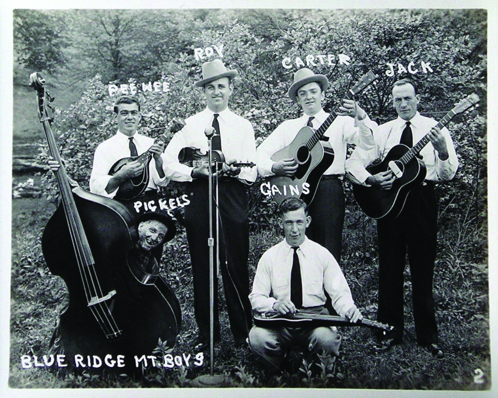 Promotional photo made at Bullet Park in Big Stone Gap, Virginia. Kneeling, from left to right: Ray “Pickles” Lambert and Gaines Blevins. Standing, left to right: Pee Wee Lambert, Roy Sykes, Carter Stanley, and Jack Belcher, ca. early 1946.
Photo courtesy of Roy “Scooter” Sykes, Jr.