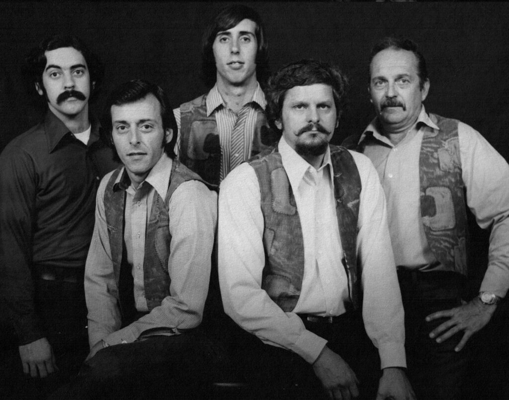 Corn Bred promo photo (left to right) Tom Sauber (who forgot his uniform), John Hickman, George Hickman, Darryl Boom, Jody Cifra. Courtesy of Darryl Boom.