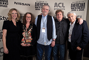Americana Album of the Year Award (left to right) Jen Gunderman, Tamara Saviano, Guy Clark, Shawn Camp, Verlon Thompson.  //  Photo by Jan Clark