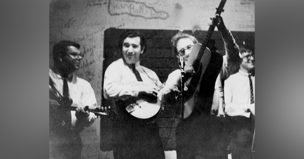 Jerry Garcia, Sandy Rothman, and Geoff Levin performing at The Offstage in San Jose, CA in early 1964. // Photo by Rob Levin, Bluegrass Music Hall of Fame & Museum collection.