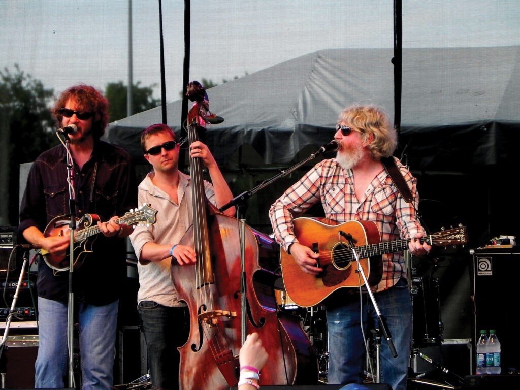 Emmitt-Nershi Band at Delfest 2011. (left to right) Drew Emmitt, Johnny Grub, Bill Nershi.  //  Photo by Tim Newby