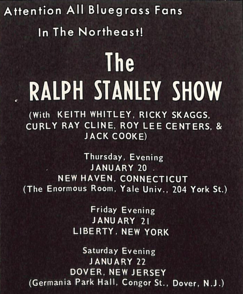Advertising for Ralph Stanley’s 1972 performance at Germania Park Hall.