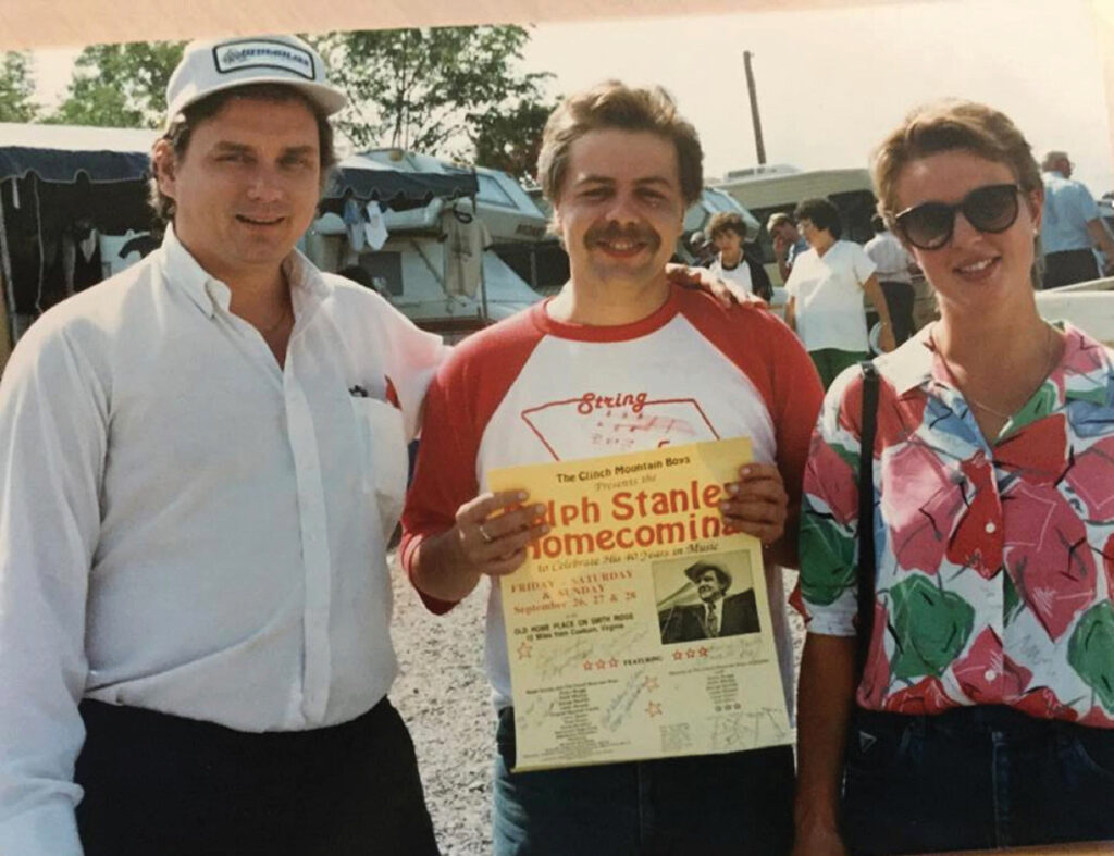 Jan Johansson with Milton Harkey and Marie Deijfen from Sweden at Ralph Stanley’s festival in 1986.  
Photo by Lars Deijfen