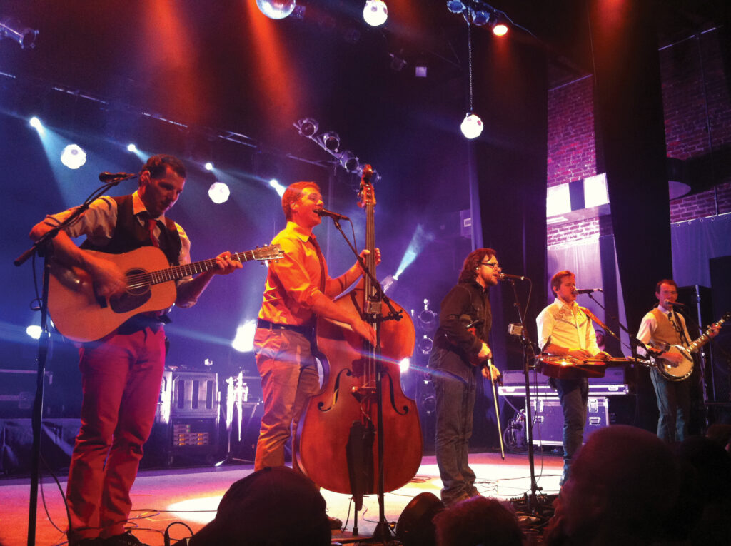 The Infamous Stringdusters New Years Eve at the Jefferson Theater, Charlottesville, Virginia 2012. (left to right) Andy Falco, Travis Book, Jeremy Garrett, Andy Hall, Chris Pandolfi. // Photo by Tim Newby